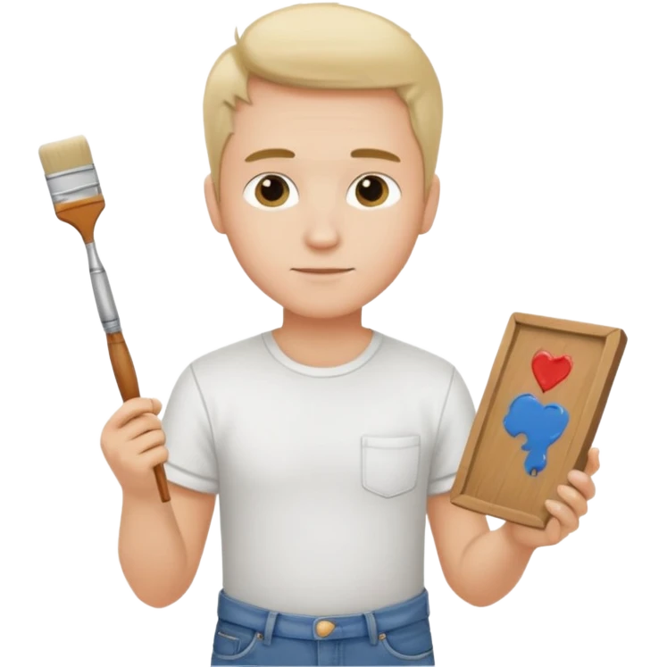 the white artist stands with his back to the painting, painting a portrait emoji