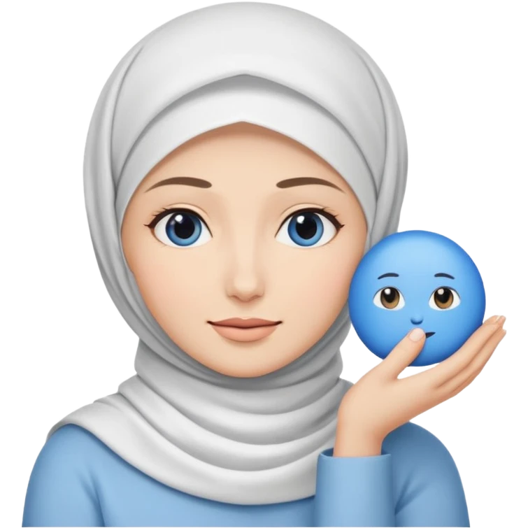 white pretty woman with white hijab holding a blue cushion foundation emoji emoji