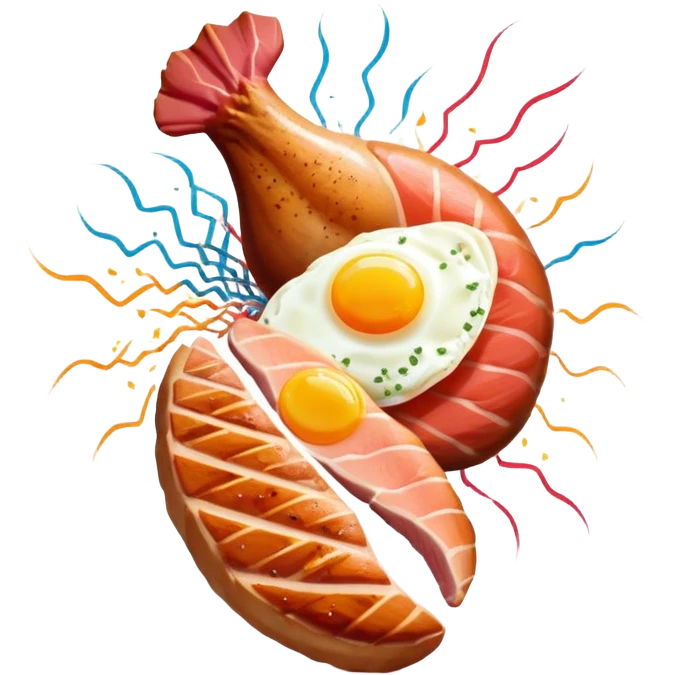 Protein party explosion with chicken breast, red meat steak, salmon fillet, and egg bursting upward from center like fireworks, with the largest chicken piece in front, DNA strands spiraling around them, and muscle silhouette in background emoji