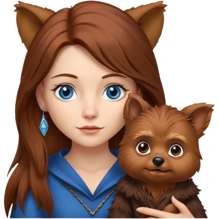 long hair chestnut color blue eyes woman holding small pointy ear ewok dog emoji