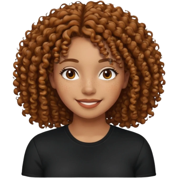 iPhone-style avatar icon of a female with curly hair, medium brown skin, freckles, black shirt, soft and approachable emoji