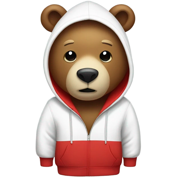 Stuffed bear wearing a hoodie. Top half with the hood is red and the bottom half is white.  emoji