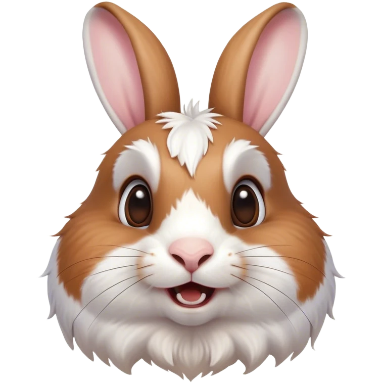 Cinematic Comical White and Brown Rabbit Portrait Emoji, Head tilted dramatically with an exaggeratedly amused expression, featuring a striking fur with a playful mix of white and brown patches, wide, expressive eyes filled with playful disbelief, Simplified yet hilariously expressive features, highly detailed, glowing with a slightly sassy glow, high shine, dramatic yet playful, stylized with an air of cheeky mischief, bright and endearing, soft glowing outline, capturing the essence of a spirited and over-the-top bunny, so meme-worthy it feels like it could side-eye its way into internet fame instantly! emoji