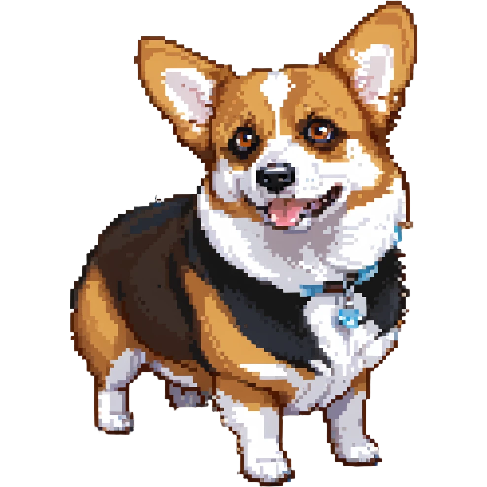 corgi with black fur, white underbelly, left brown eye, light blue right eye, looking scared emoji