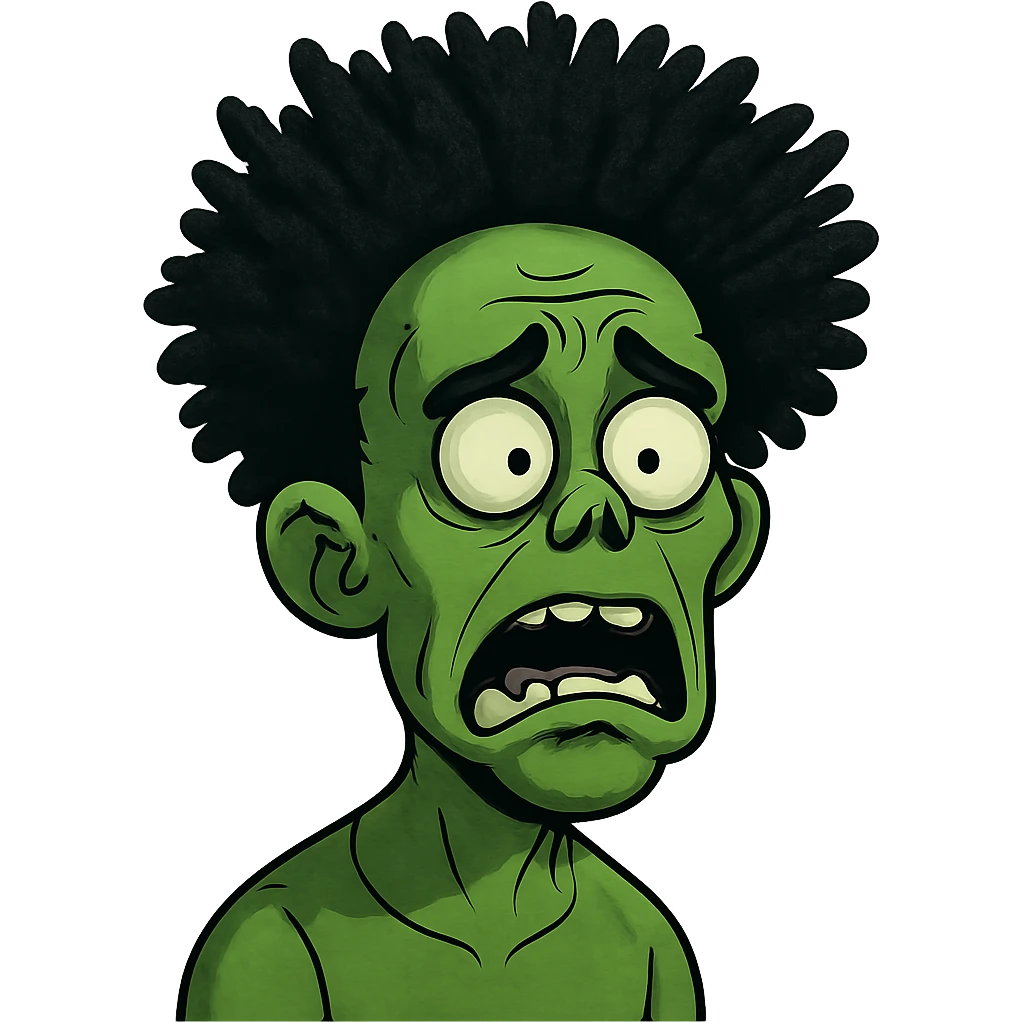 green zombie with black spiky afro-textured hair, expressive face emoji