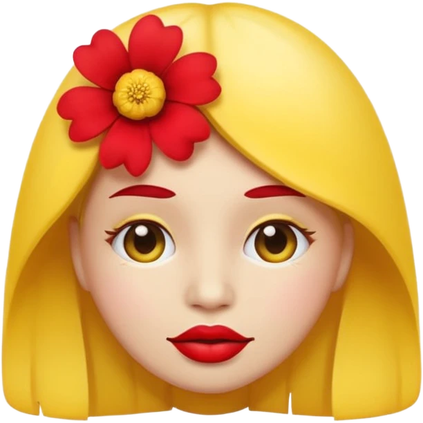 Create an yellow circle face emoji that lips are big, red, shiney and have flower on her head emoji
