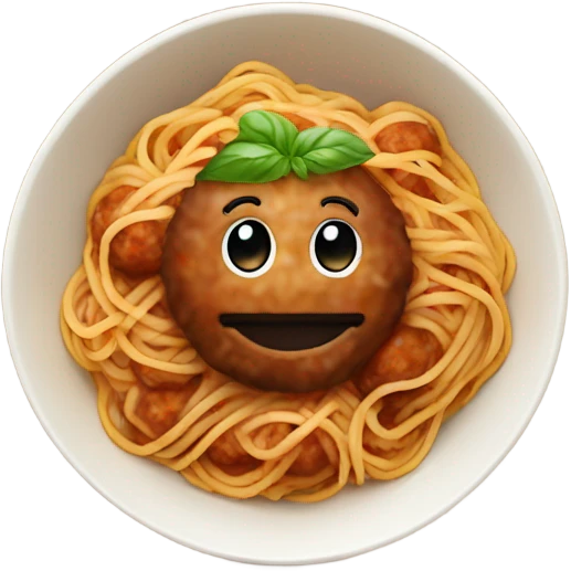 spaghetti with meatballs in a bowl with basil emoji