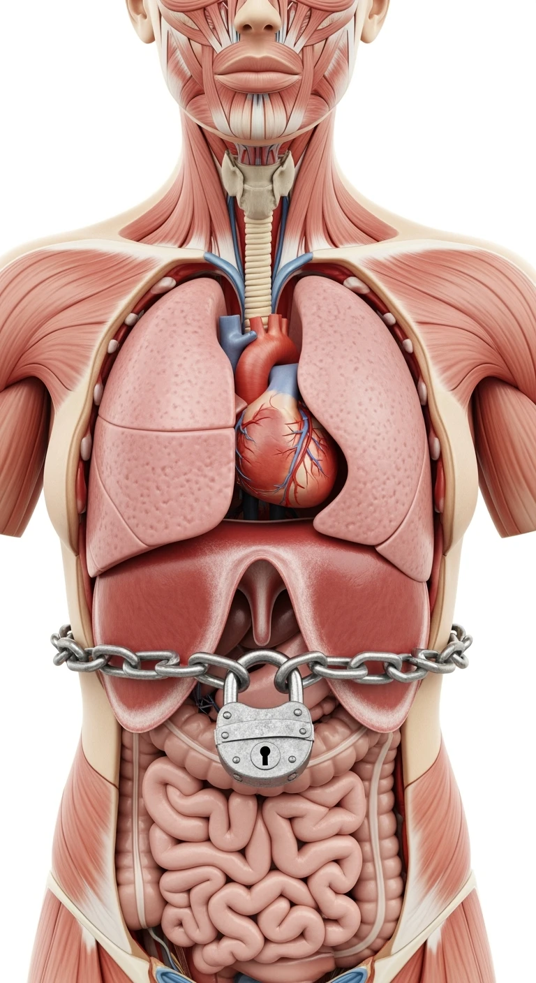 corpo umano anatomico di una donna con diaframma in evidenza, diaframma chiuso da catena e lucchetto, iperrealistica 4k, sfondo bianco emoji