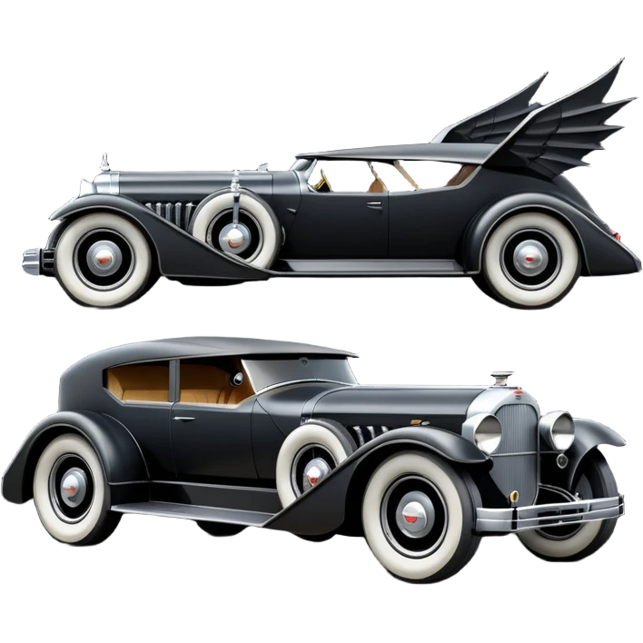  the animated series aerodynamic opulent dark futuristic concept Batmobile loosely based on 1926 V16 Cadillac wagon (flat long straight faceted mechanical body) winged stealthy street hot rod  emoji