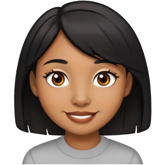 light brown skin girl with small lips, black layered hair, doe eyes, smiling emoji