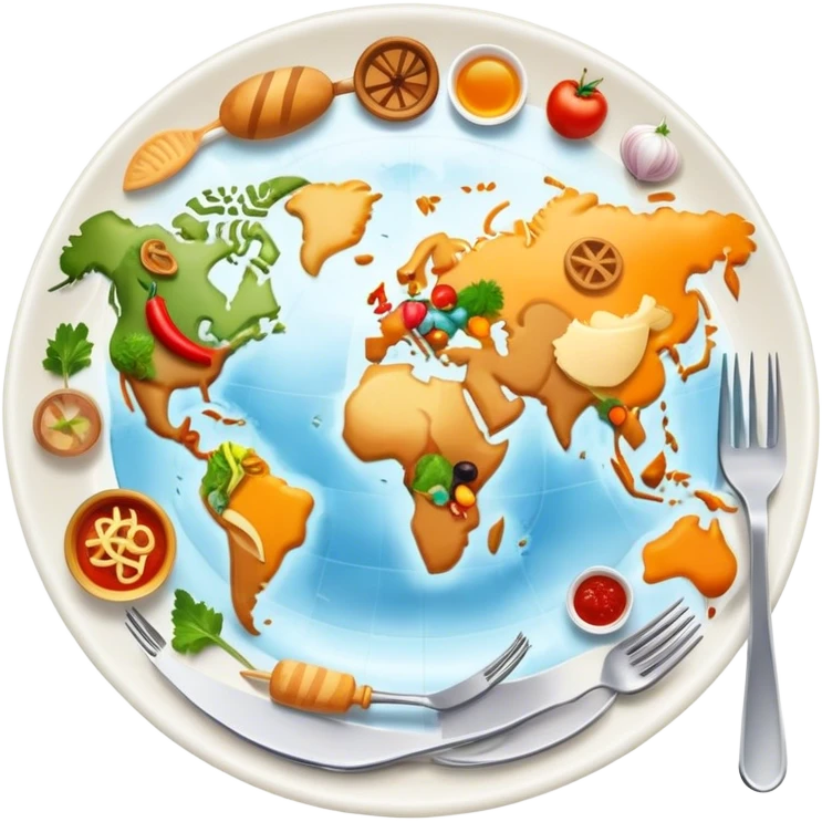 Icon for Culinary Tourism: a world map with food elements like a fork, knife and dish, surrounded by iconic dishes from various countries. The icon should represent the exploration of global cuisines and travel experiences. Transparent background. emoji