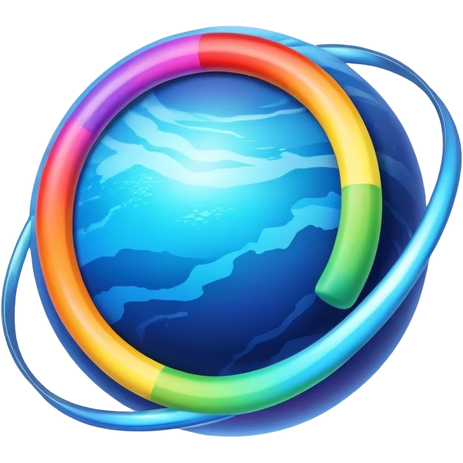 blue planet with vibrant rainbow colored rings circling around it emoji