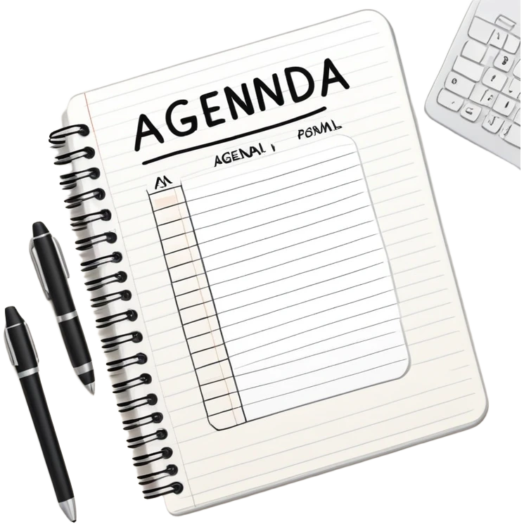A notebook with 'AGENDA' written on top and meeting items listed below with bullet points emoji