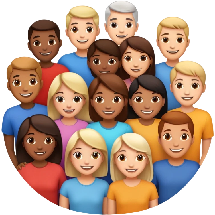 Diverse group of people standing together in a circle, happy faces emoji