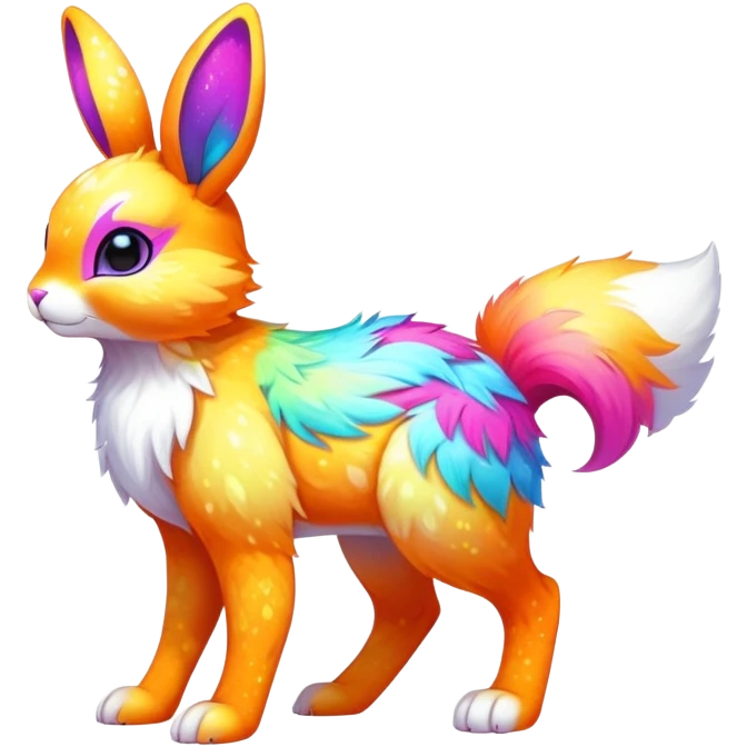 Vibrant multicolored neon-colored Falvie-Fionbri-creature-sparkle-bunny-hybrid-fursona, full body, fur pattern-markings emoji