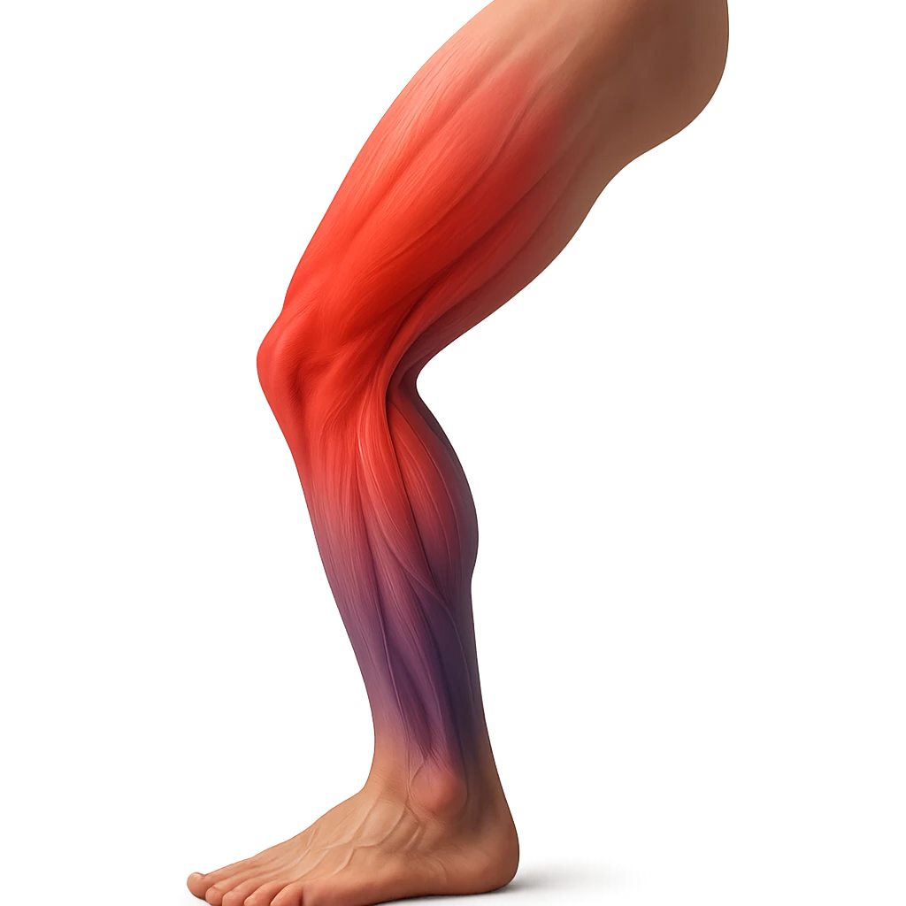 realistic human leg with overload shown by color gradients from red to purple, muscles in tension, 3D effect, isolated on white background emoji