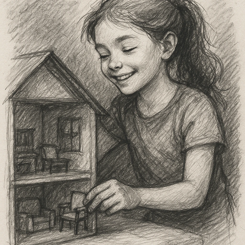 smiling girl arranging furniture in doll house emoji