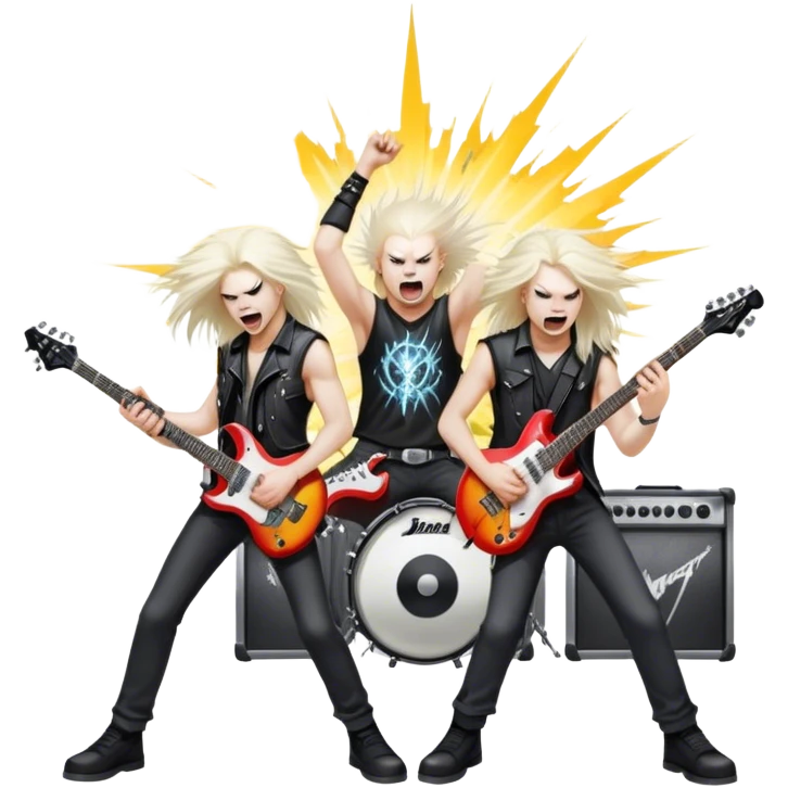 Icon for Heavy Metal Music: band on stage with electric guitars, drums and intense lighting. Musicians headbanging, surrounded by energy and stage effects, capturing the power and intensity of a metal concert. Transparent background. emoji