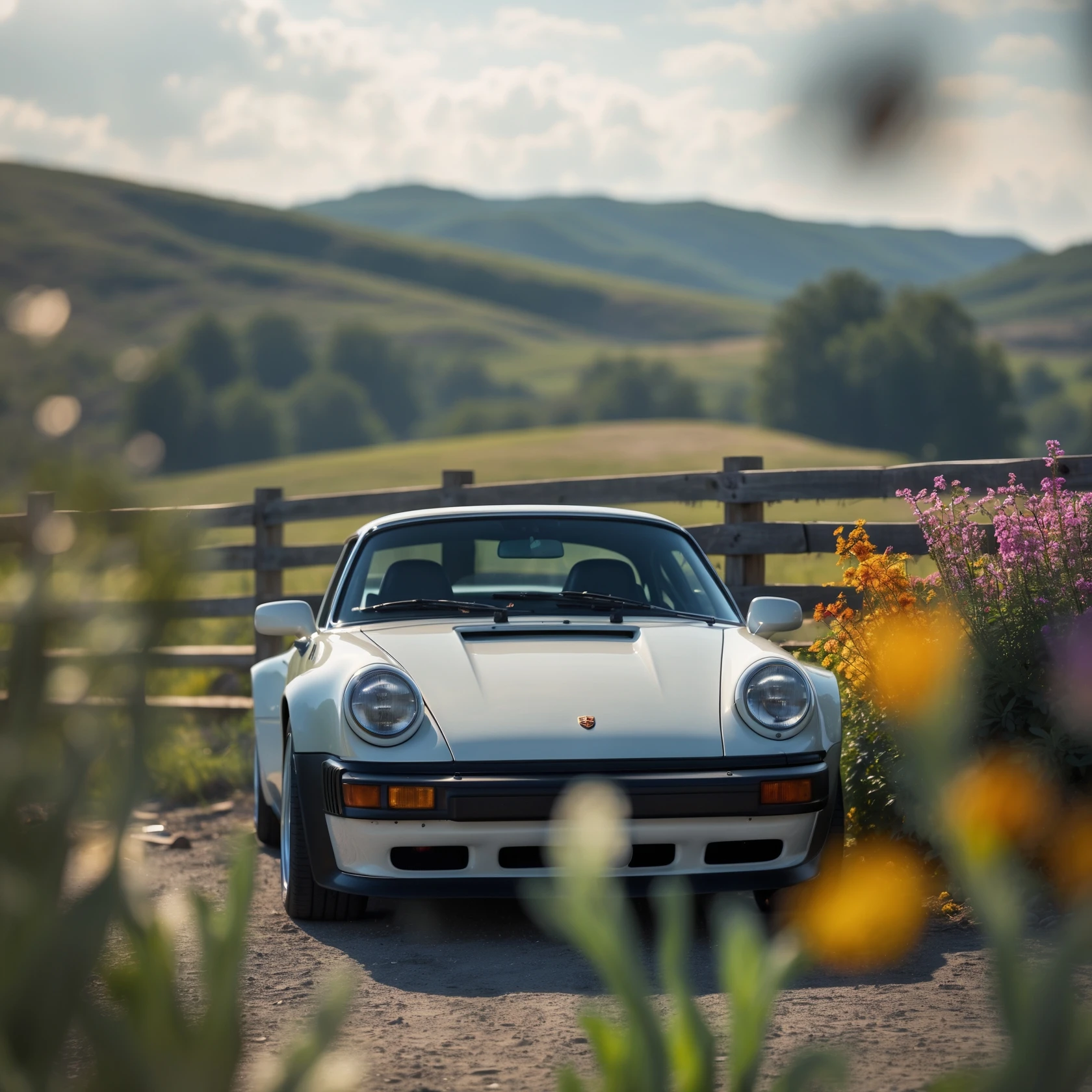 A portrait of a white person next to porsche 911 in the foreground, blurred plants in the foreground, a wooden fence and colorfull flowers in the midground, rolling hills in the background, cinematic depth of field, layered composition, natural lighting emoji