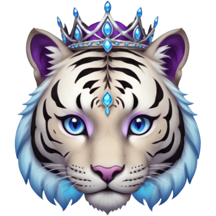 ESO Female white/black tiger khajiit leader of the umbral rose, glowing blue eyes, glowing blue 'third eye' gem; purple gemmed silver tiara emoji