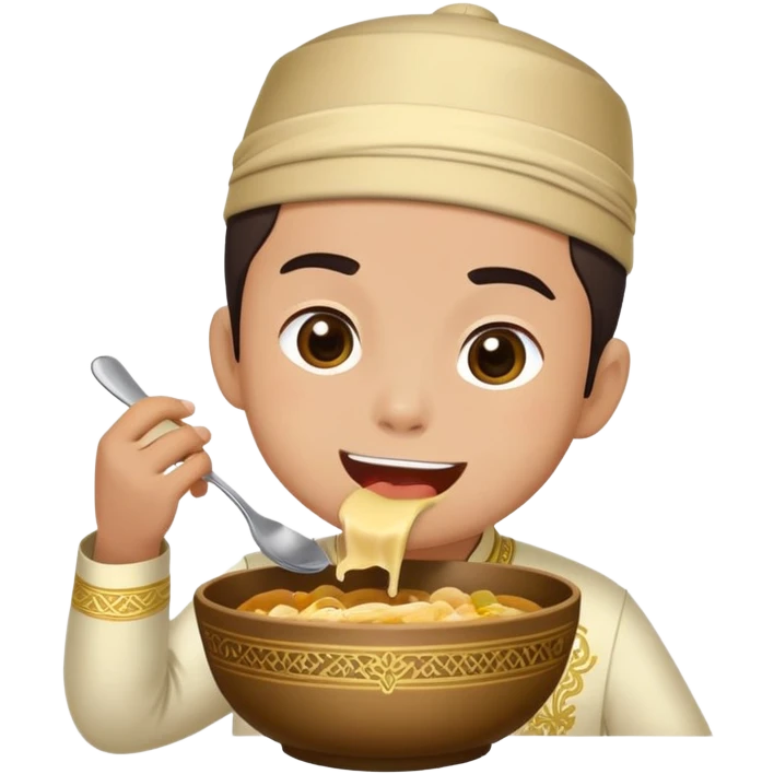 sticker of one handsome boy wearing songkok and baju melayu with sampin having tics and eating big bowl emoji