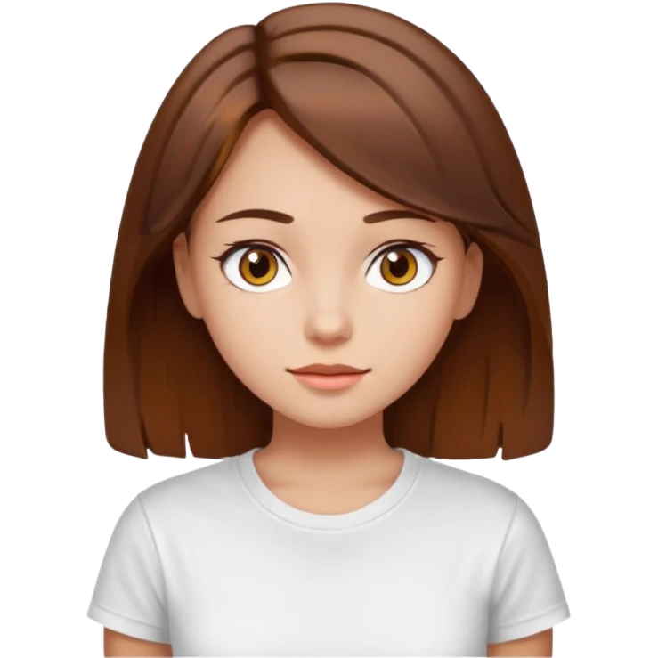 A Girl with Brown hair and Brown eyes with a t-shirt White. The t-shirt have un  emoji
