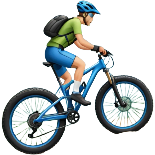 An icon featuring a mountain bike with wide tires, positioned on a forest trail or rocky mountain road. The background shows dense trees, steep slopes, and distant peaks under a clear blue sky. Transparent background highlights the thrill and rugged beauty of mountain biking. emoji
