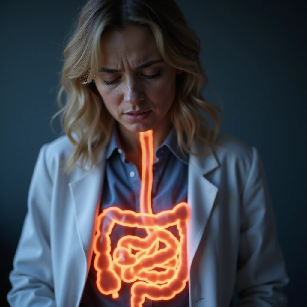 close-up hyperrealistic 4K image of a woman with autoimmune disease, expression of pain, transparent anatomical illustration showing inflamed intestine, medical environment emoji