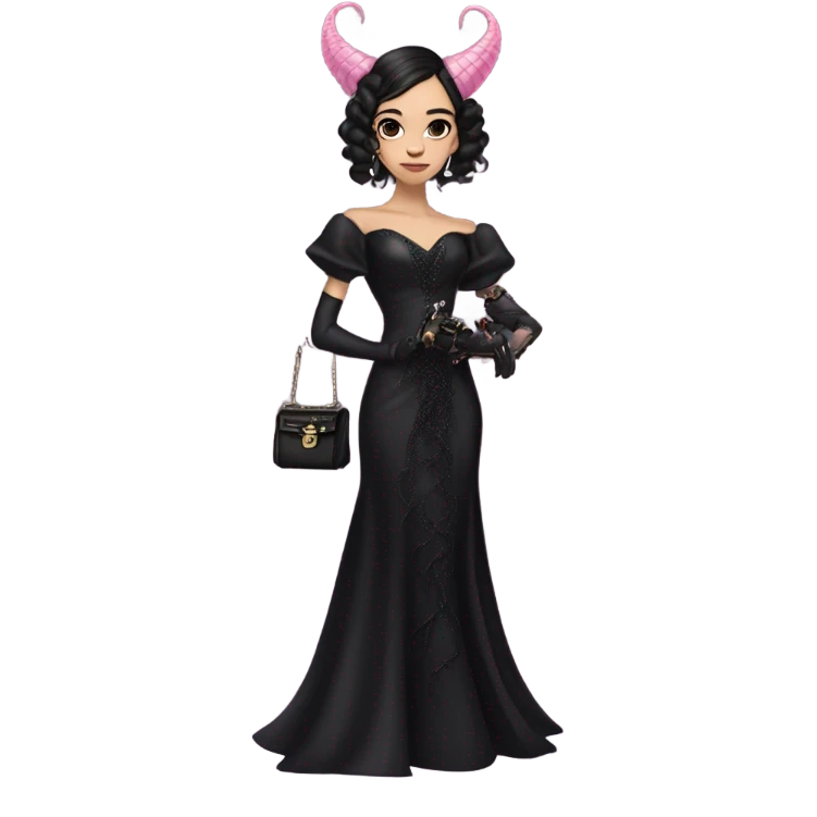 healthy standing flirty Lavish black evening gown with see-through gloves, Jenna Ortega as Addams woman prom queen wearing a steampunk mini tiara, very large blood moon pink evil-looking horned old dragon purse emoji