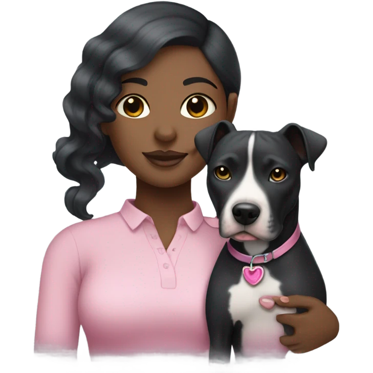 Black lady with black hair hugging all grey pitbull with pink collar emoji