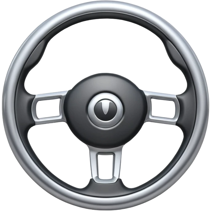 A futuristic steering wheel emoji made of silver chrome, minimal geometric design, smooth metallic surface, soft reflections, iOS emoji style, centered, clean white background emoji