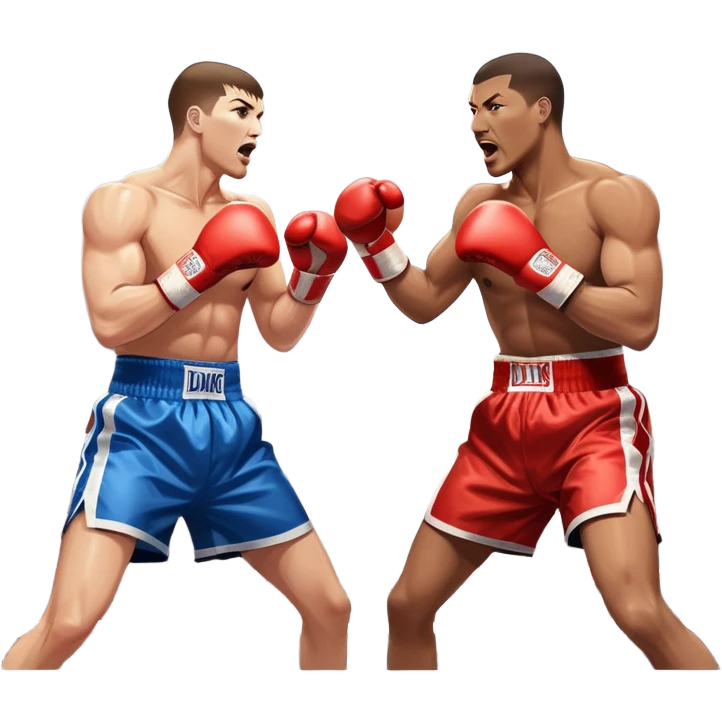 Two professional boxers in the ring fighting for the world championship title. One delivers a powerful straight punch to the head, while the other skillfully dodges. The background shows a brightly lit boxing arena with a roaring crowd. Transparent background emoji