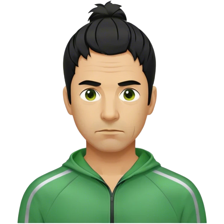 Park is a middle-aged man, around 35 years old, green tracksuit,  His black hair, streaked with strands of gray, is unkempt and damp with sweat. emoji