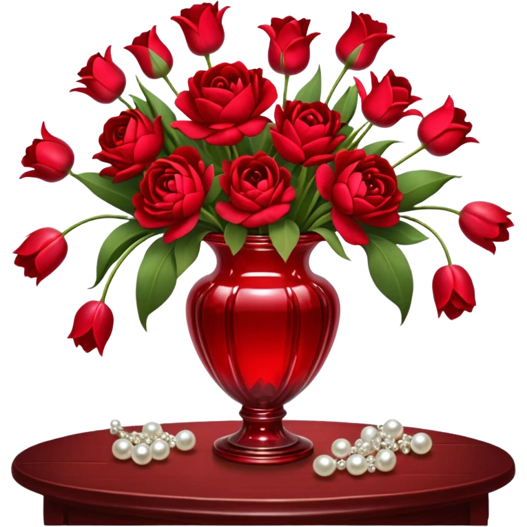 "A romantic still life of a crystal-clear red glass vase brimming with a lavish mix of scarlet roses, tulips, peonies, and silk-like pansies, with pearl-hued ribbons cascading gracefully over a vintage wooden table."
 emoji