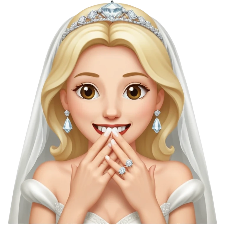 A bride giggling with her hands covering her mouth with a FAT rock on her hand emoji