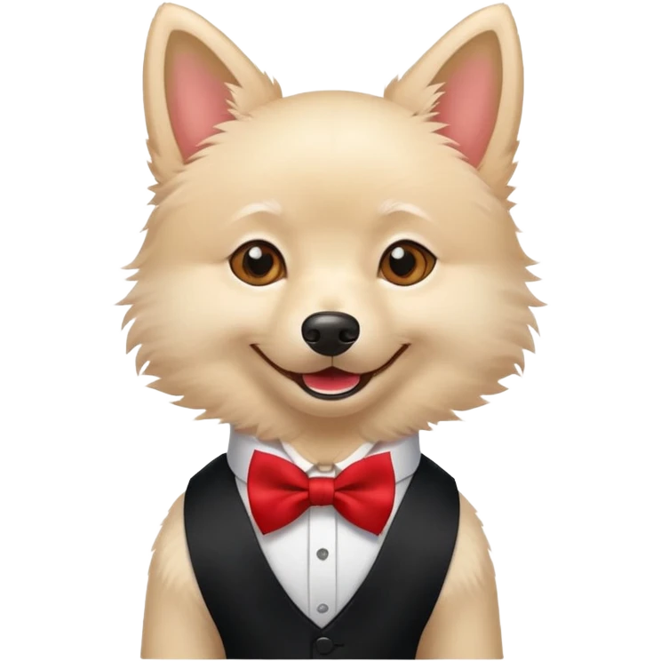 light beige spitz with a smile in a black vest with a red bow tie emoji