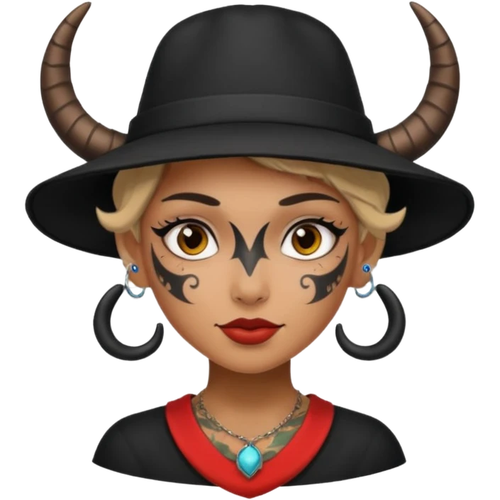 Woman with small horns — black hat, face tattoos emoji