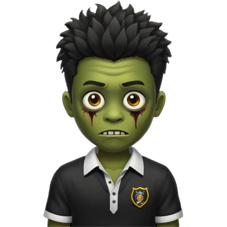 crie um zumbi menino bonito, com aparencia jovem igual, com cabelo preto, curto, com franja, o estilo do cabelo do zumbi seria o mesmo dos meninos de cabelo liso bagunçado do pinterest, faça ele com uma camisa preta emoji