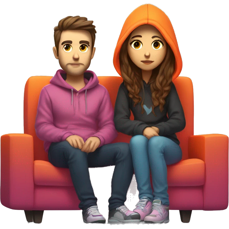 Female girl with long brown hair in mulneon hoodie . gaming with white male guy. shaved brown hair and short scruff in multi neon hoodie . Sitting on a sofa with a TV in a gamer neon room.  I  emoji
