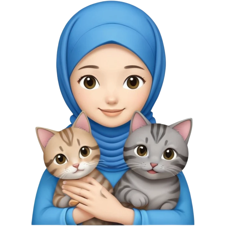 Asian white girl wearing blue hijab with dress holding a black grey tabby cat while smiling emoji