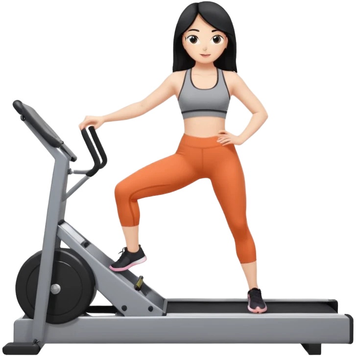 Fair-skinned black hair girl wearing grey workout set in leggings and bra doing pilates on a reformer emoji