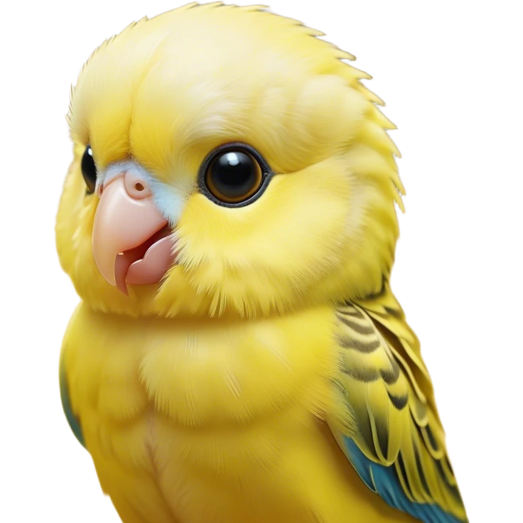 Cinematic Cute Yellow Budgie Portrait Emoji, Head tilted playfully and inquisitively, featuring a radiant yellow feathered fur with a natural sheen, round, sparkling dark eyes filled with curiosity, Simplified yet irresistibly adorable features, highly detailed, glowing with a warm, friendly glow, high shine, affectionate and lively, stylized with a touch of whimsy, bright and endearing, soft glowing outline, capturing the essence of a mischievous yet loving budgie, so playful it feels like it could chirp out of the screen and into your arms! emoji