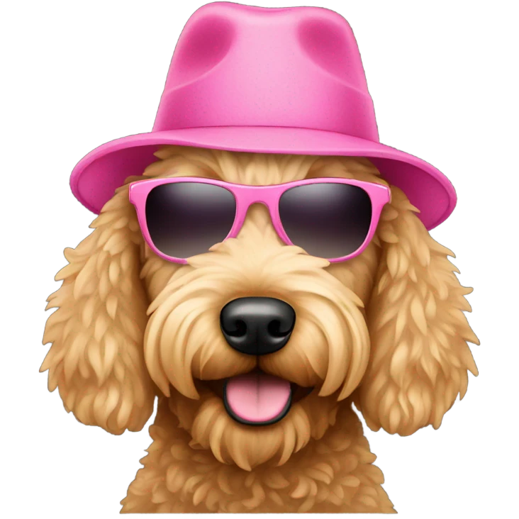 Golden doodle wearing a pink hat with shades emoji