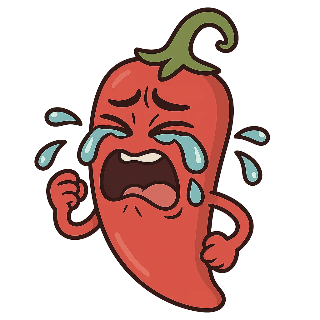 crying red chilli in cartoon style with big teardrops, bold red, minimal background emoji