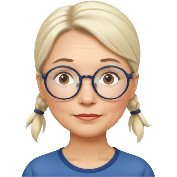 middle-aged woman from Norway, low ponytail, large round glasses, gentle expression emoji