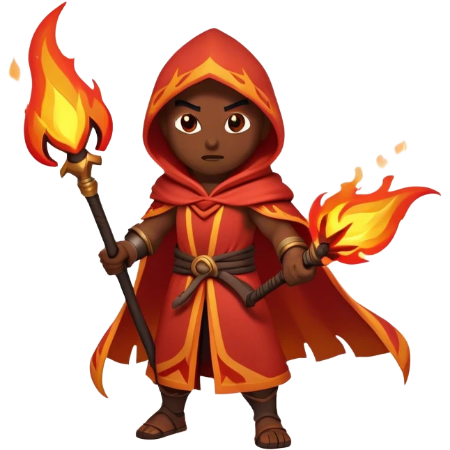 Clash of Clans aesthetic: Cinematic Ferocious Fire Mage Hero closeup Emoji, rendered in a 3D vector-style similar to standard emojis with minimal shading and bold, simplified shapes. A compact, isometric figure draped in flowing, charred and ember-lined robes, wielding a fiery staff crackling with intense flames. Eyes burning with an infernal glow, exuding raw, untamed power. Simplified yet unmistakably iconic, highly detailed and consistent, glowing with a fiery, molten radiance and high shine. Stylized with a touch of menacing sorcery and a searing, ember-infused outline, capturing the essence of a wrathful mage ready to unleash devastating fire magic! emoji