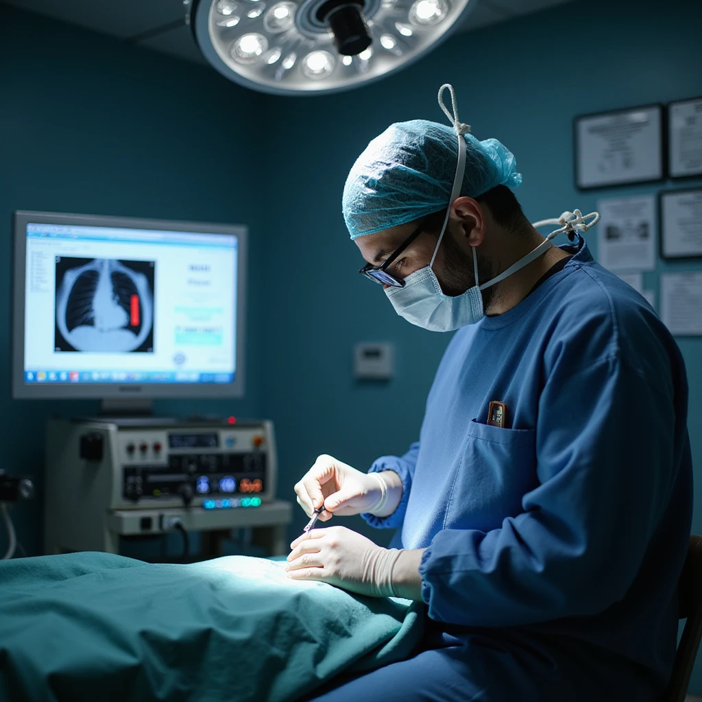 realistic or semi-realistic style, cardiologist in operating room inserting a coronary stent, hospital billing screen in the background showing $30,000 charge, wall displays NIH studies proving medical therapy is equally effective, critical and metaphorical atmosphere emoji