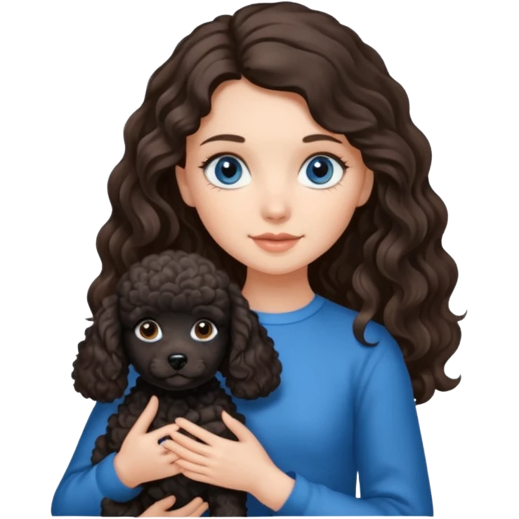 Brunette girl with long wavy hair and blue eyes holding one black puppy poodle with brown eyes. No decoration on the dog.  emoji
