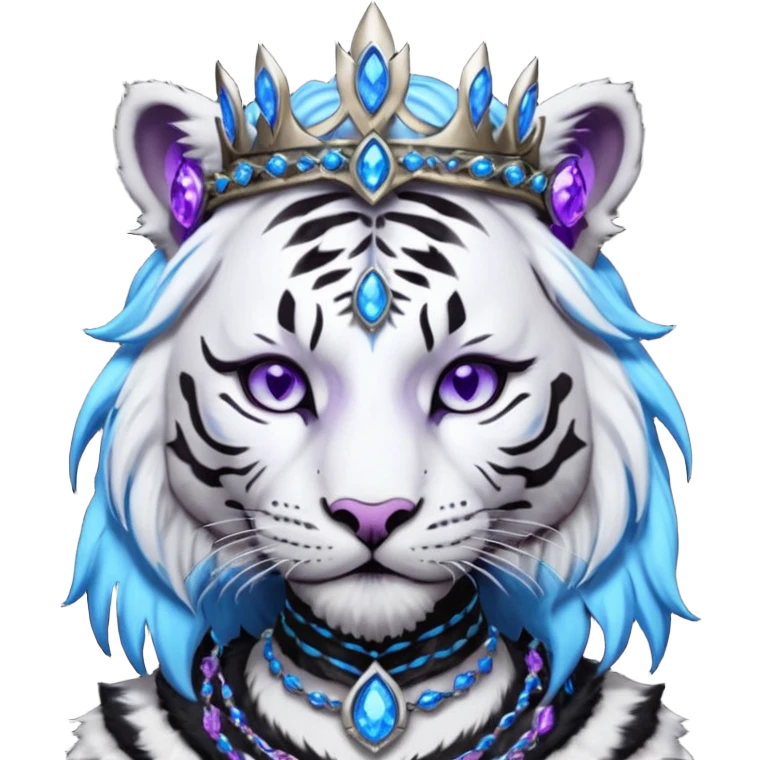 ESO Female white/black tiger khajiit leader of the umbral rose, glowing blue eyes, glowing blue 'third eye' gem, black dreadlocks; silver crown/tiara with purple gems emoji