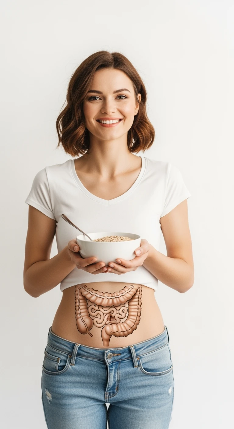 donna con bowl di avena in mano e intestino in evidenza, isolata su sfondo bianco emoji
